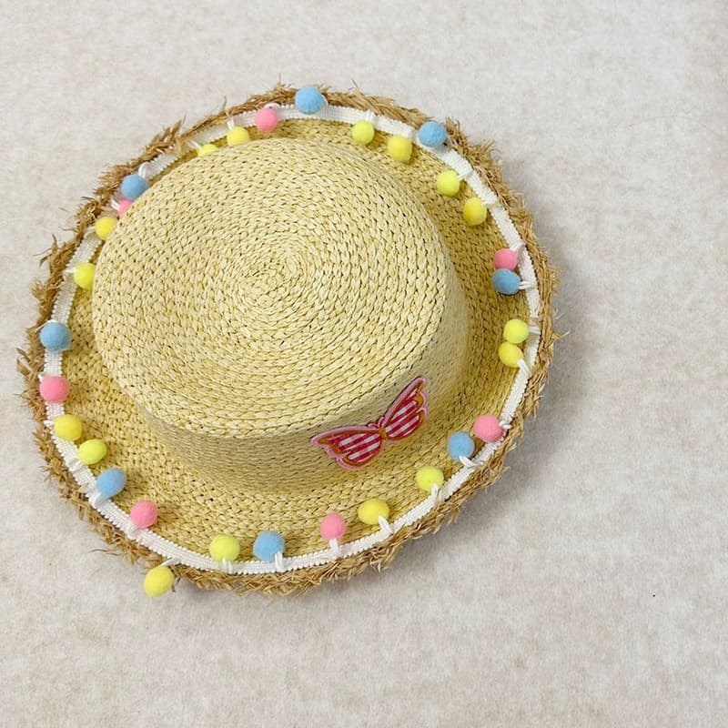 キッズ 帽子 ちょうちょ飾り付き子ども用麦わら帽子｜チェック柄＆フリンジ縁取りで夏のお出かけに