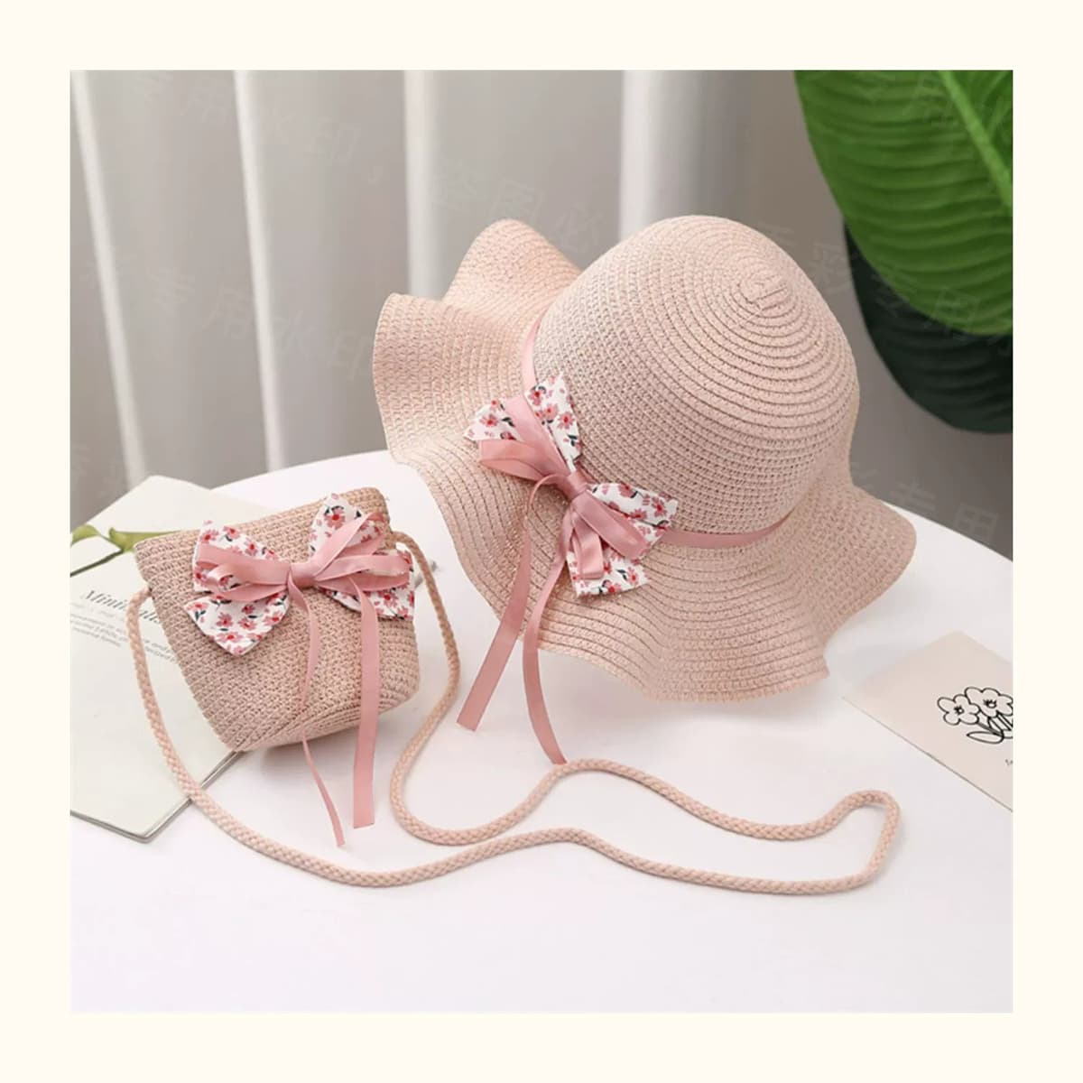 キッズ／親子 帽子 ふんわりリボン付き親子麦わら帽子セット｜花柄リボン＆ミニバッグ付き