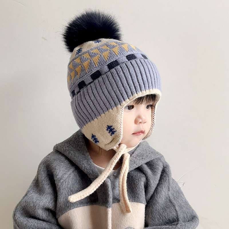 キッズ帽子 もこもこポンポン付き耳あて帽子