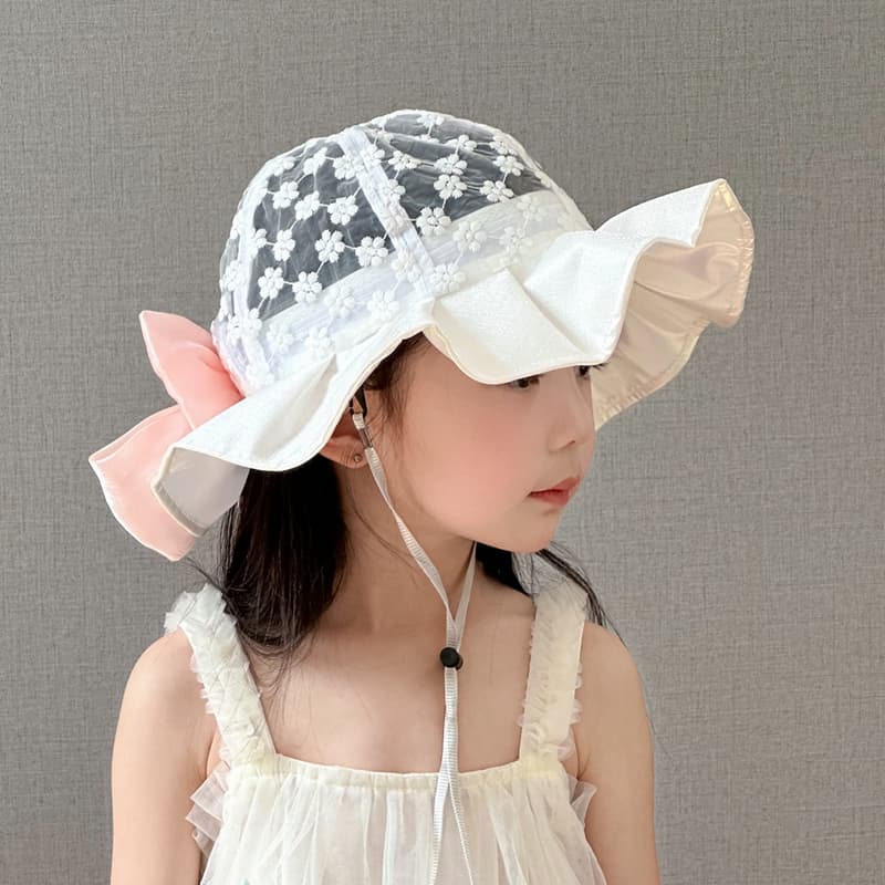 キッズ 帽子 お花レース＆フリルリボンバケットハット｜夏用 日よけ＆通気性 子ども用 帽子 