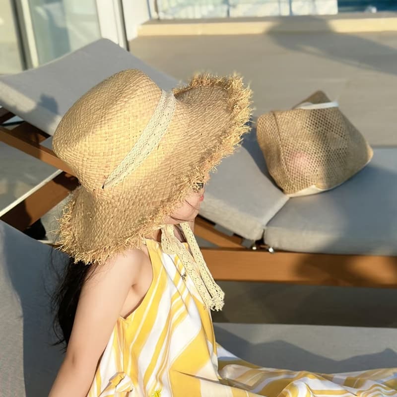 キッズ帽子 夏が始まった合図がした！ フリンジリボン 子ども用麦わら帽子