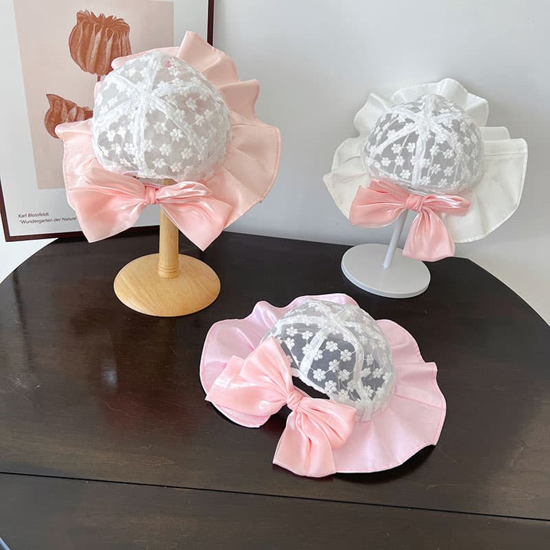 キッズ 帽子 お花レース＆フリルリボンバケットハット｜夏用 日よけ＆通気性 子ども用 帽子 