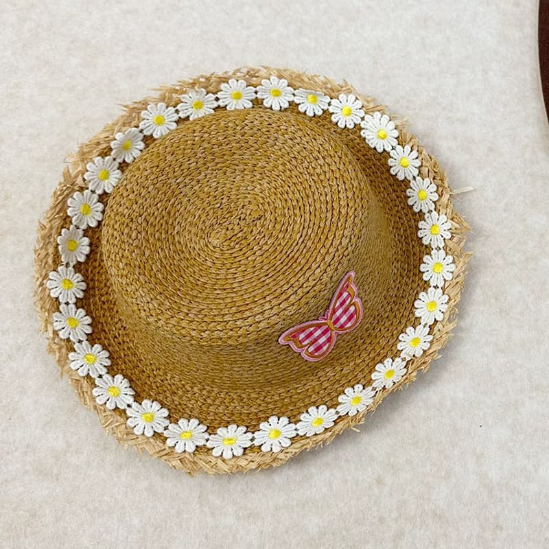 キッズ 帽子 ちょうちょ飾り付き子ども用麦わら帽子｜チェック柄＆フリンジ縁取りで夏のお出かけに