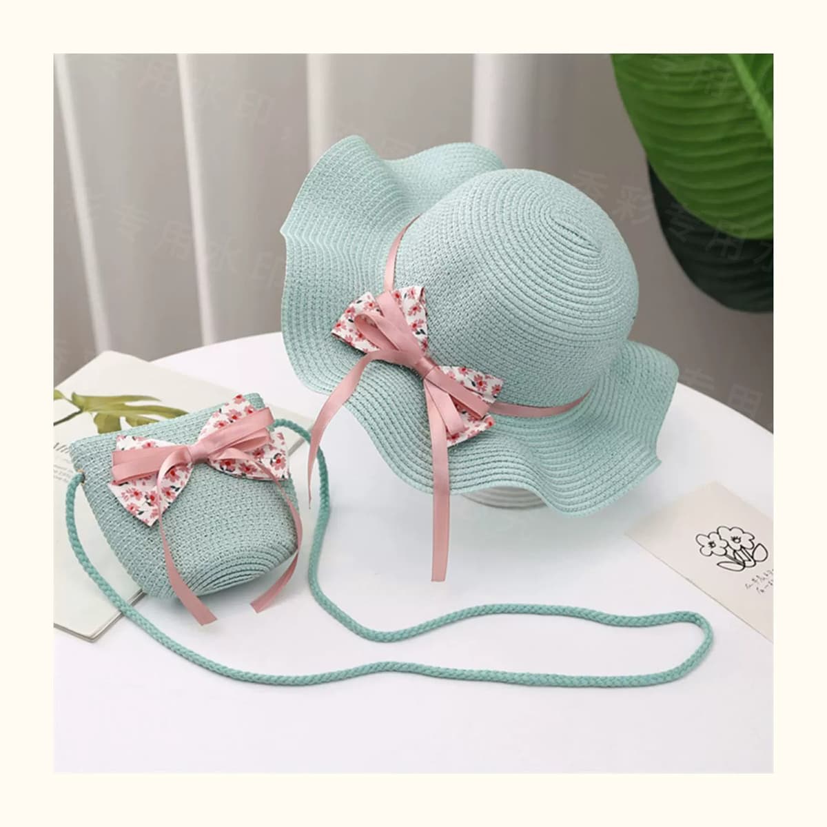 キッズ／親子 帽子 ふんわりリボン付き親子麦わら帽子セット｜花柄リボン＆ミニバッグ付き