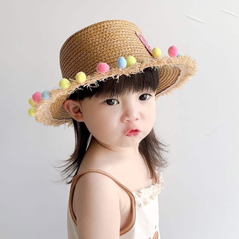 キッズ 帽子 ちょうちょ飾り付き子ども用麦わら帽子｜チェック柄＆フリンジ縁取りで夏のお出かけに