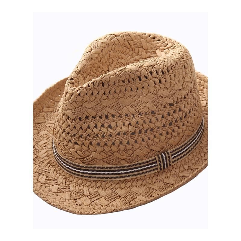 キッズ 帽子 ナチュラル風フェドラハット｜編み込み麦わら素材＆ストライプリボン