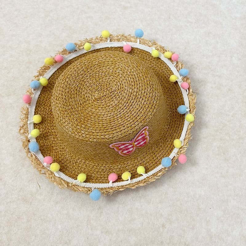 キッズ 帽子 ちょうちょ飾り付き子ども用麦わら帽子｜チェック柄＆フリンジ縁取りで夏のお出かけに