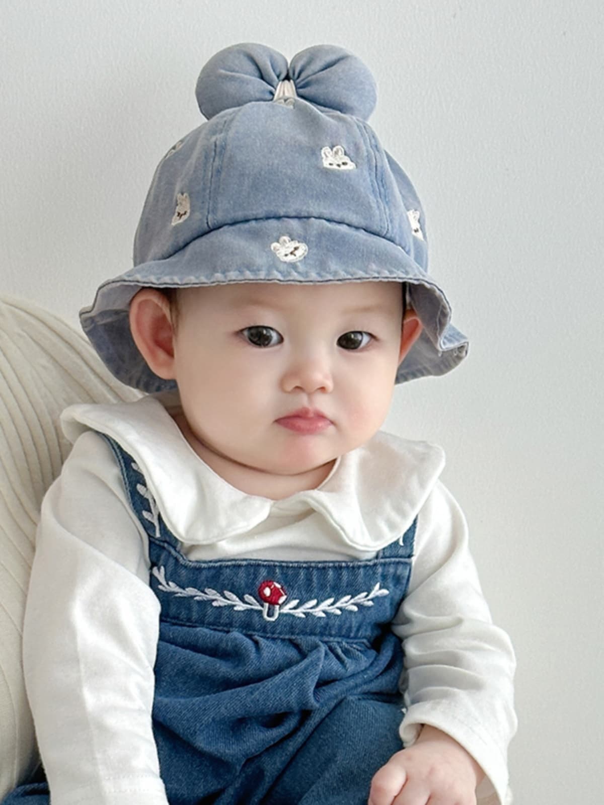 ベビー 帽子 うさぎ刺繍付きふわふわリボンバケットハット|リボン結び&やわらかコットン素材