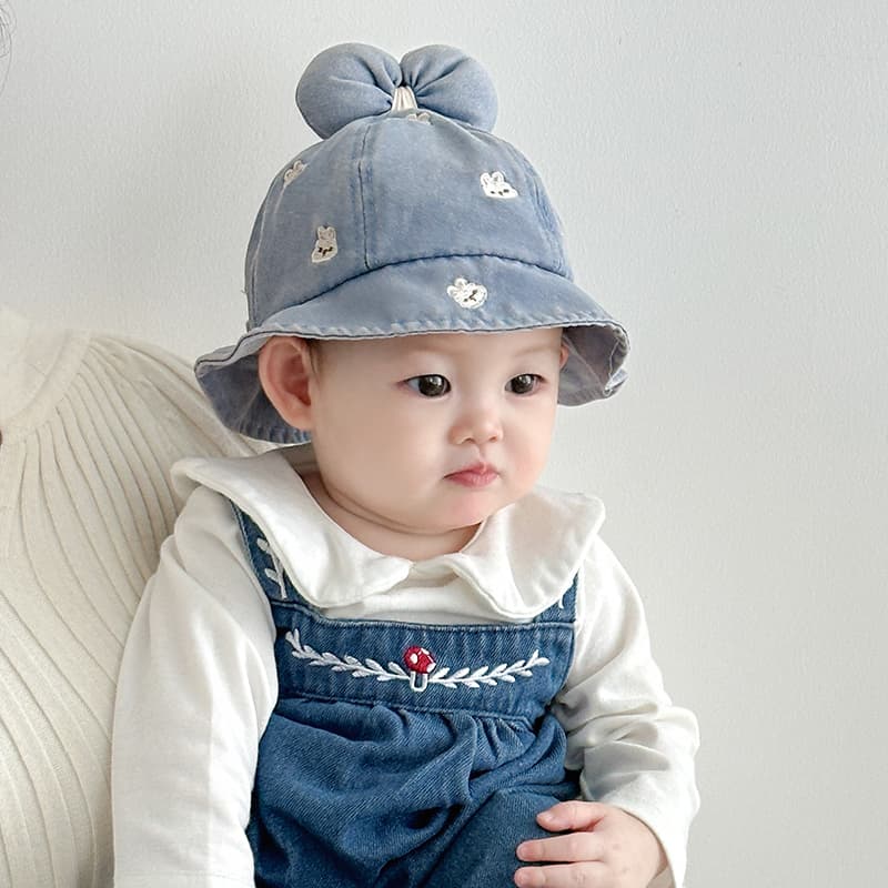 ベビー 帽子 うさぎ刺繍付きふわふわリボンバケットハット|リボン結び&やわらかコットン素材