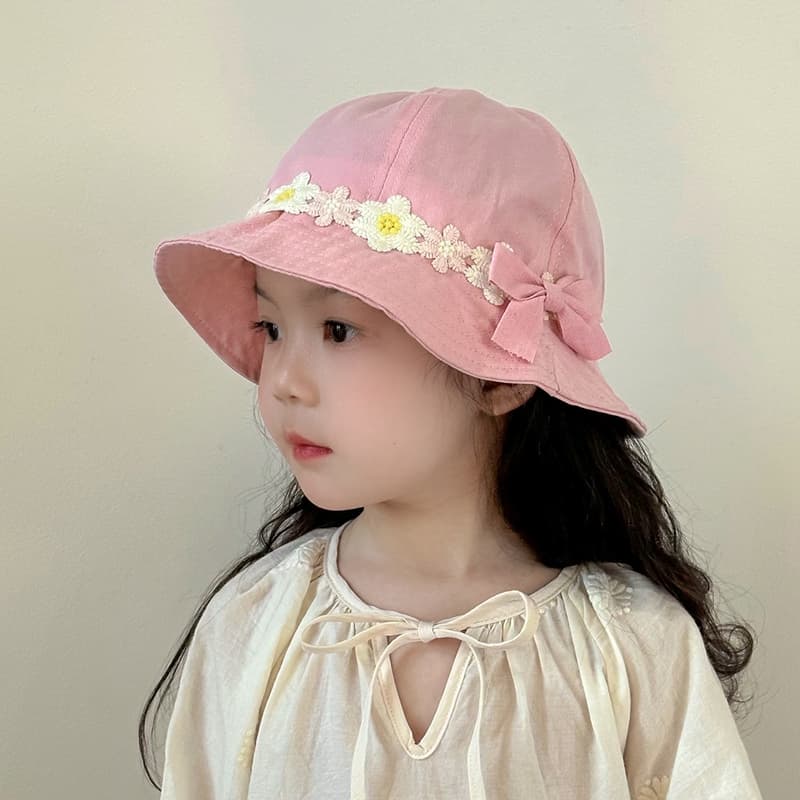 キッズ 帽子 お花レース付きバケットハット|リボン&花レースで春夏お出かけにぴったり