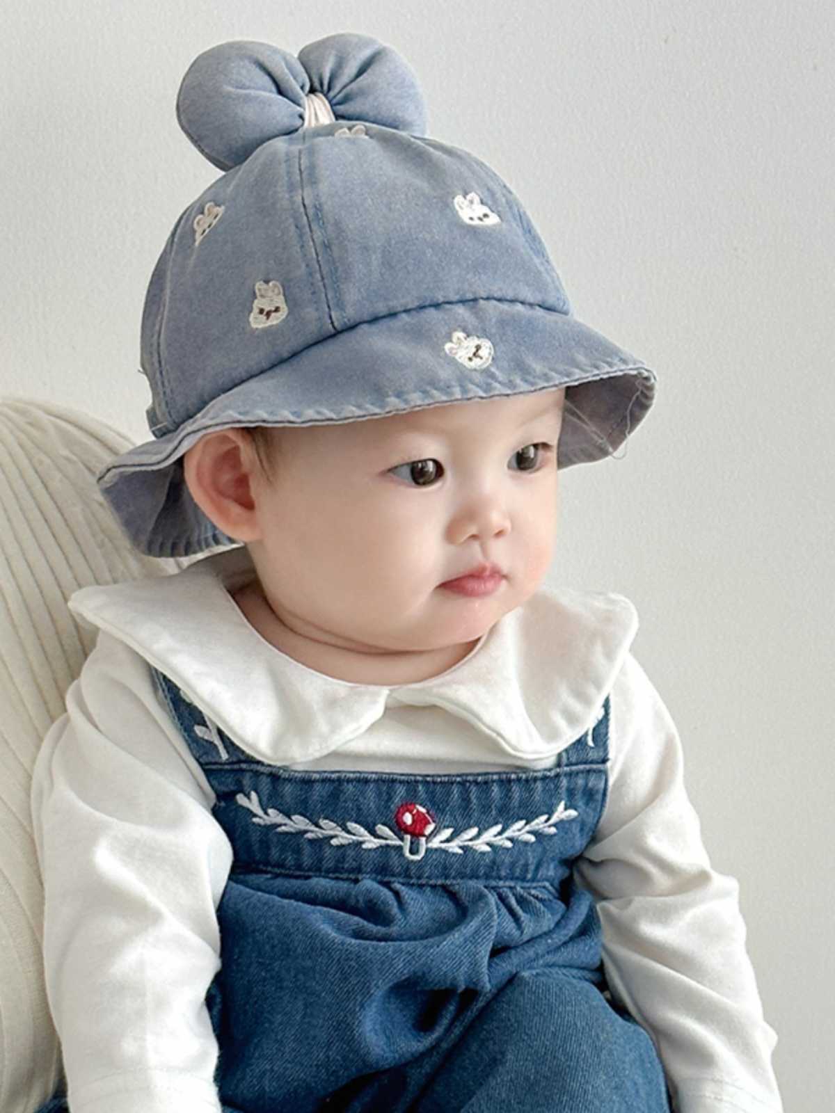 ベビー 帽子 うさぎ刺繍付きふわふわリボンバケットハット|リボン結び&やわらかコットン素材