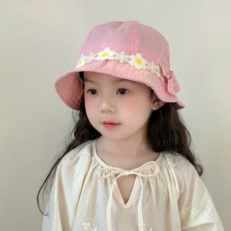 キッズ 帽子 お花レース付きバケットハット|リボン&花レースで春夏お出かけにぴったり