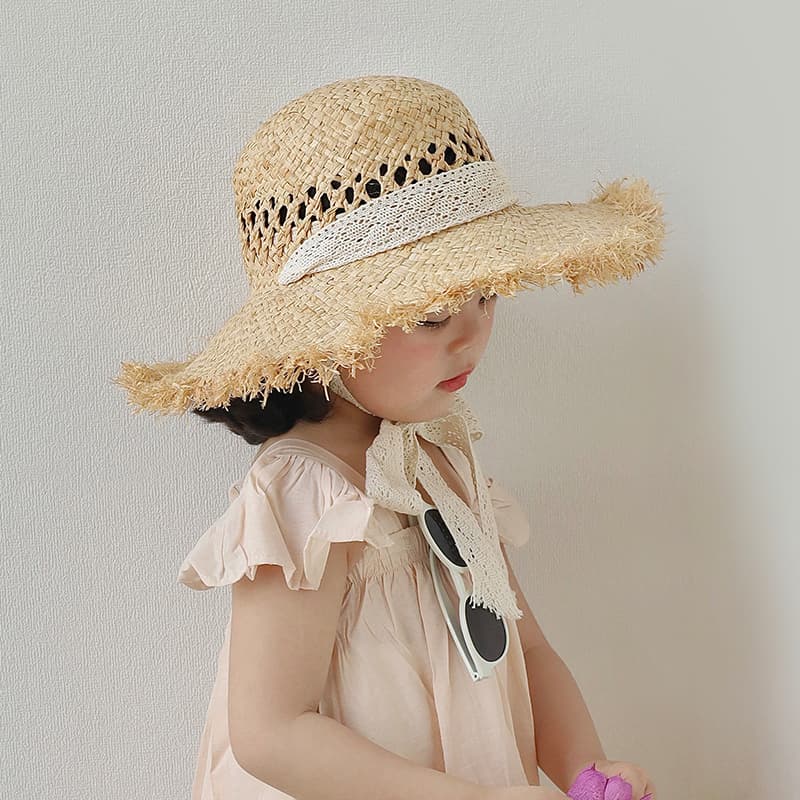 🌾 キッズ帽子 ふんわりフリンジ飾り 子ども用麦わらハット(46-54cm/ベビー~キッズ)