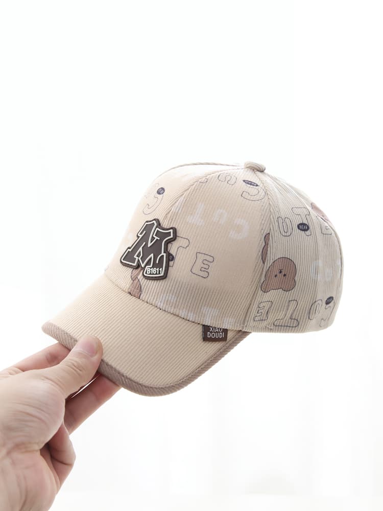 キッズ帽子 キッズ向けイニシャルワッペン付きコーデュロイキャップ