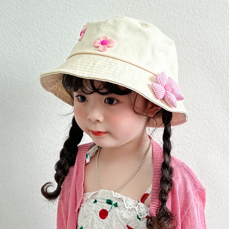 ベビー用 バケットハット お花&リボン飾り|通気性良・軽量・日差しガード帽子