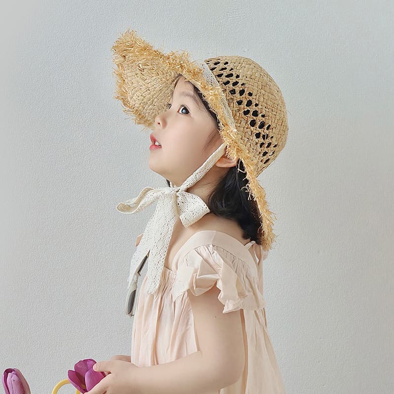 🌾 キッズ帽子 ふんわりフリンジ飾り 子ども用麦わらハット(46-54cm/ベビー~キッズ)