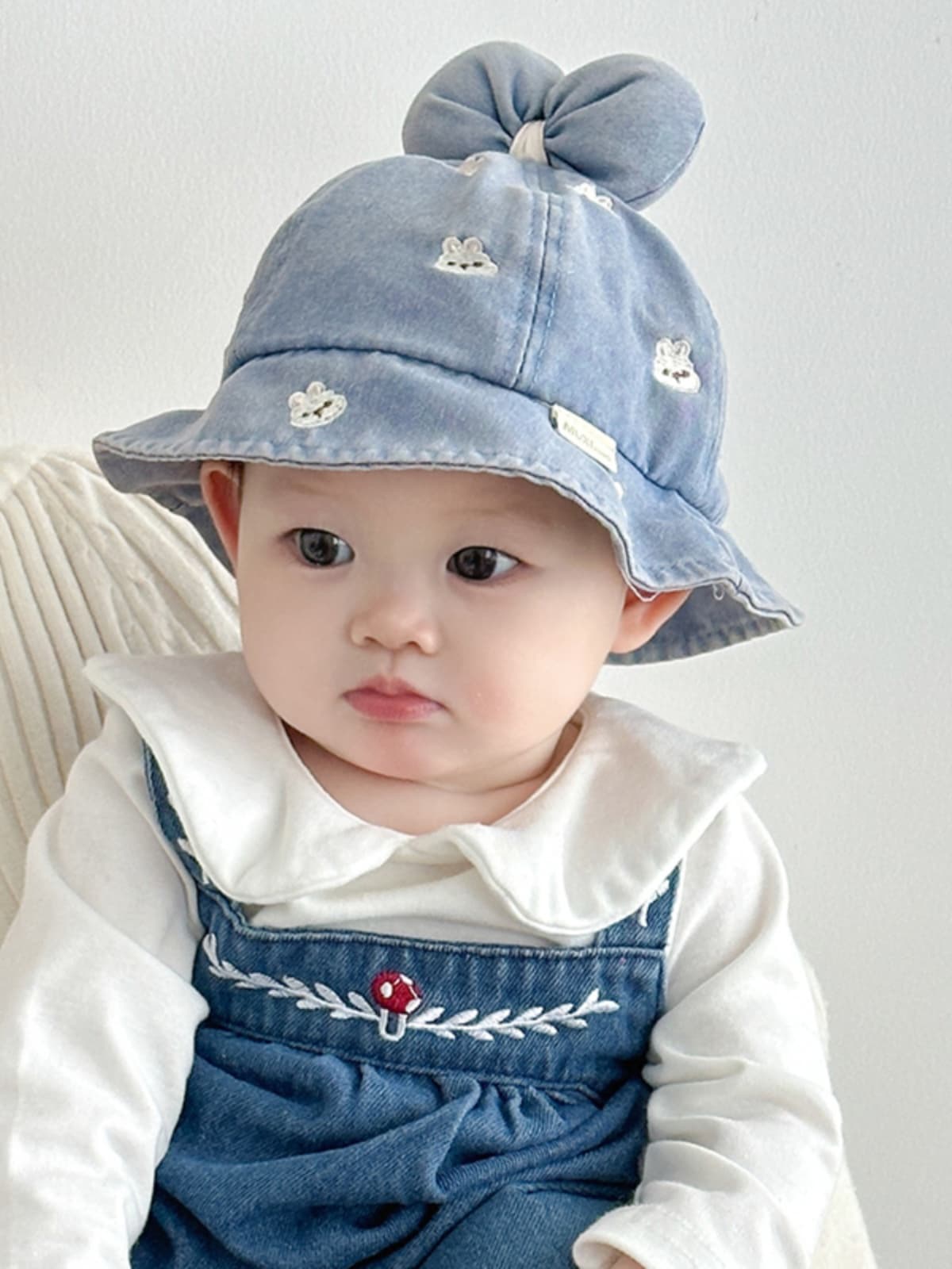ベビー 帽子 うさぎ刺繍付きふわふわリボンバケットハット|リボン結び&やわらかコットン素材