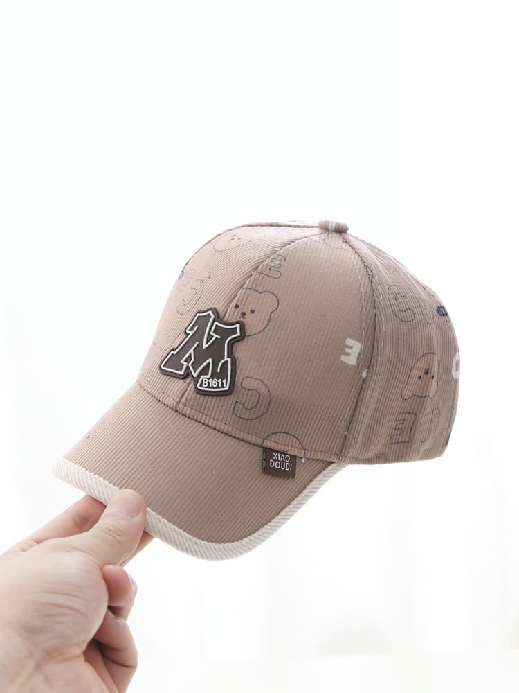 キッズ帽子 キッズ向けイニシャルワッペン付きコーデュロイキャップ