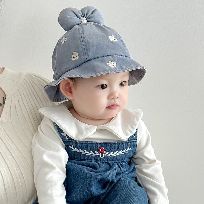 ベビー 帽子 うさぎ刺繍付きふわふわリボンバケットハット|リボン結び&やわらかコットン素材