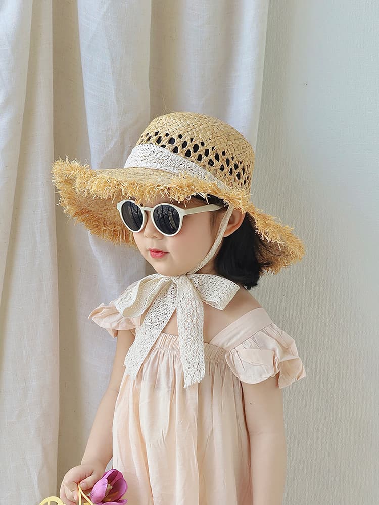 🌾 キッズ帽子 ふんわりフリンジ飾り 子ども用麦わらハット(46-54cm/ベビー~キッズ)