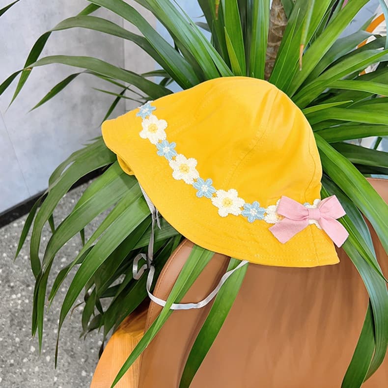 キッズ 帽子 お花レース付きバケットハット|リボン&花レースで春夏お出かけにぴったり