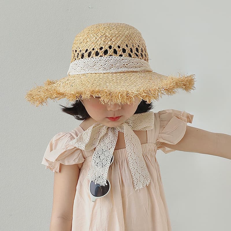 🌾 キッズ帽子 ふんわりフリンジ飾り 子ども用麦わらハット(46-54cm/ベビー~キッズ)