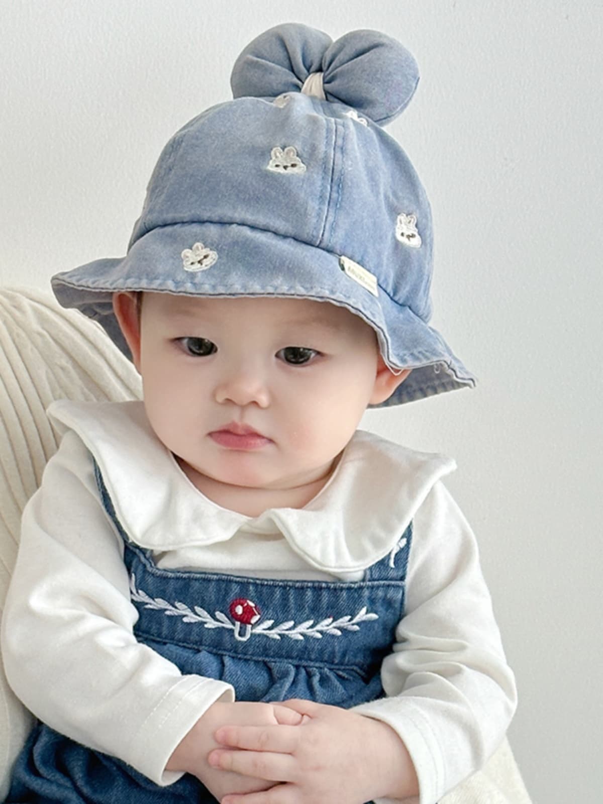 ベビー 帽子 うさぎ刺繍付きふわふわリボンバケットハット|リボン結び&やわらかコットン素材