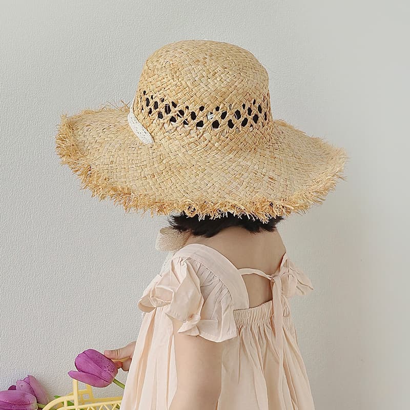 🌾 キッズ帽子 ふんわりフリンジ飾り 子ども用麦わらハット(46-54cm/ベビー~キッズ)