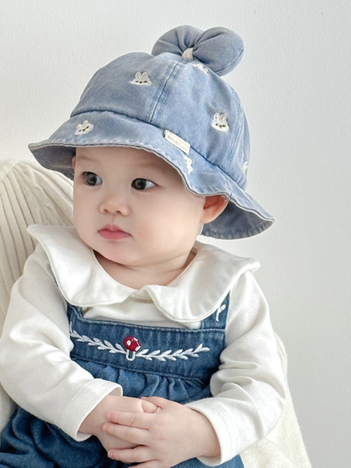 ベビー 帽子 うさぎ刺繍付きふわふわリボンバケットハット|リボン結び&やわらかコットン素材